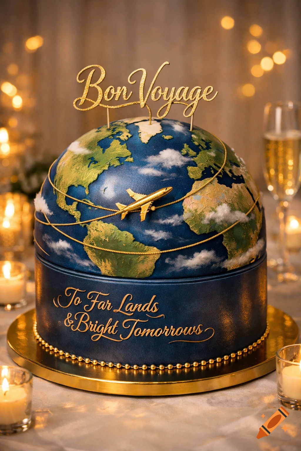 Elegant globe-themed cake with gold 'Bon Voyage' and 'To Far Lands & Bright Tomorrows' text, surrounded by candles.