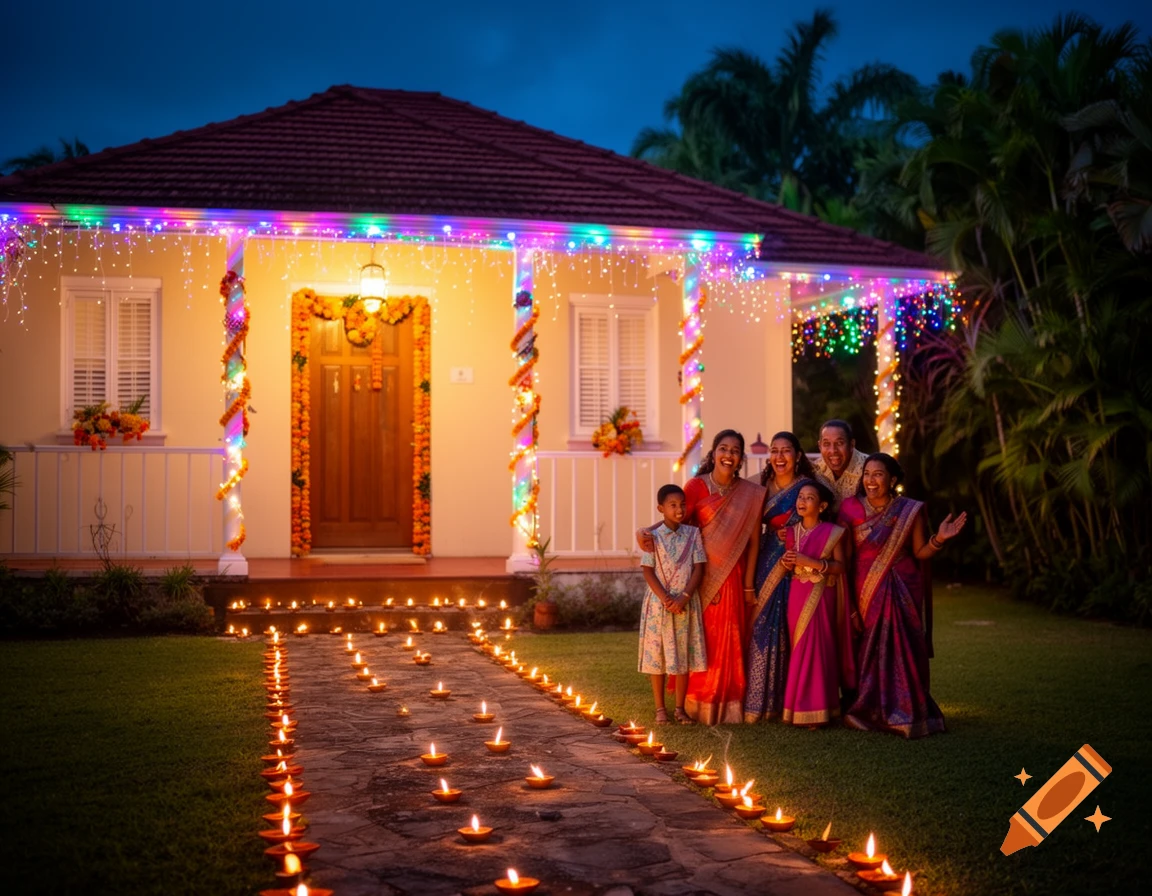 A family stands in front of a house decorated with colorful lights and flowers, with many lit oil lamps on the path.