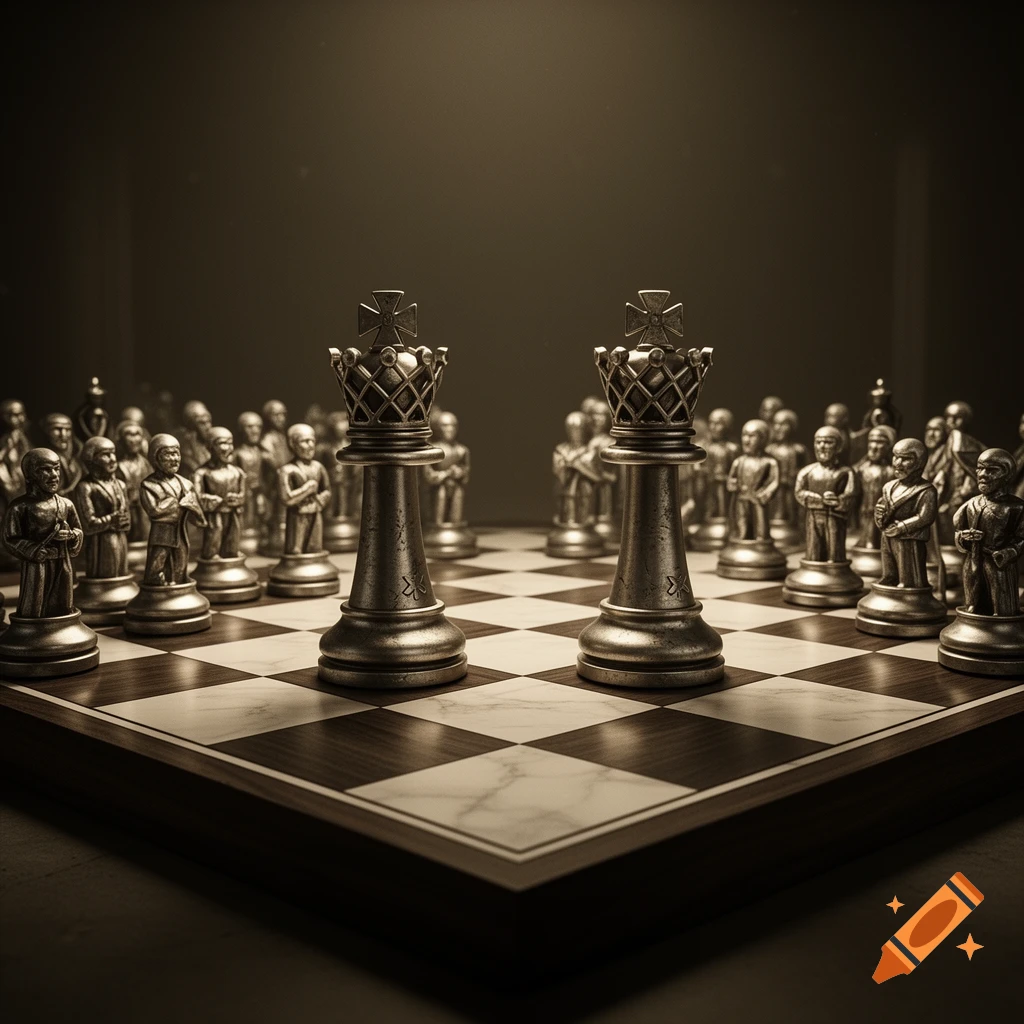 Two silver king chess pieces face each other on a dark chessboard, surrounded by smaller pawn-like figures in a dramatic 3D render.