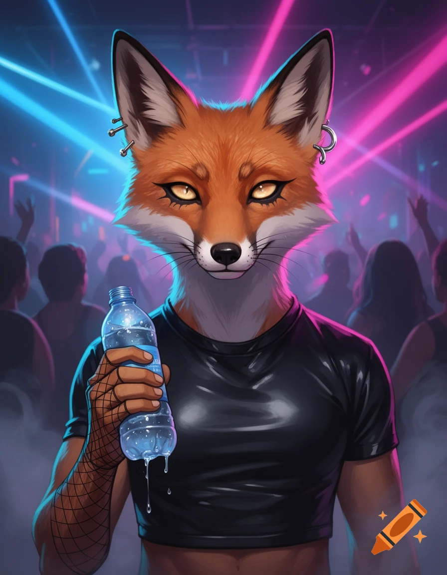 An anthropomorphic fox wearing a crop top holds a water bottle at a neon-lit rave, depicted in a semi-realistic digital art style.