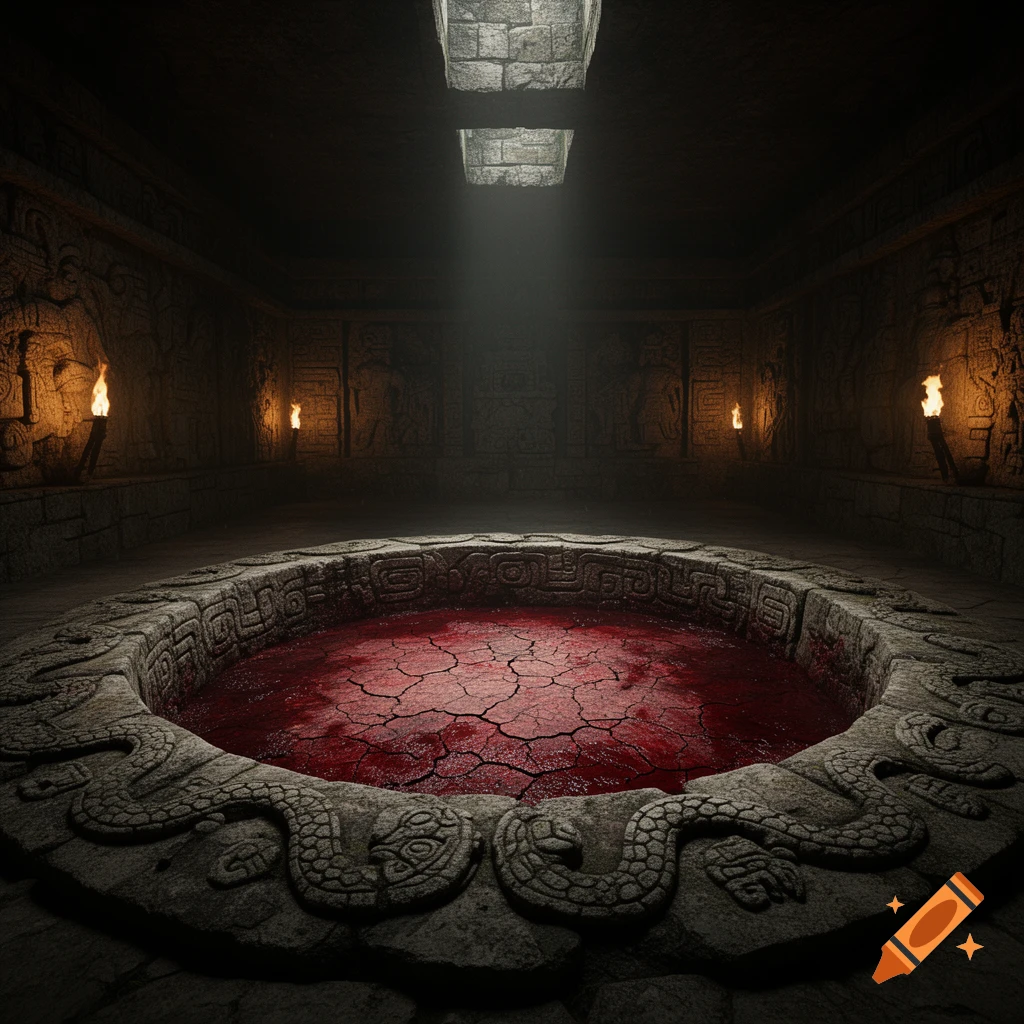A dark underground Aztec temple room with an ornate stone basin filled with cracked, dried blood, lit by a single beam from above.