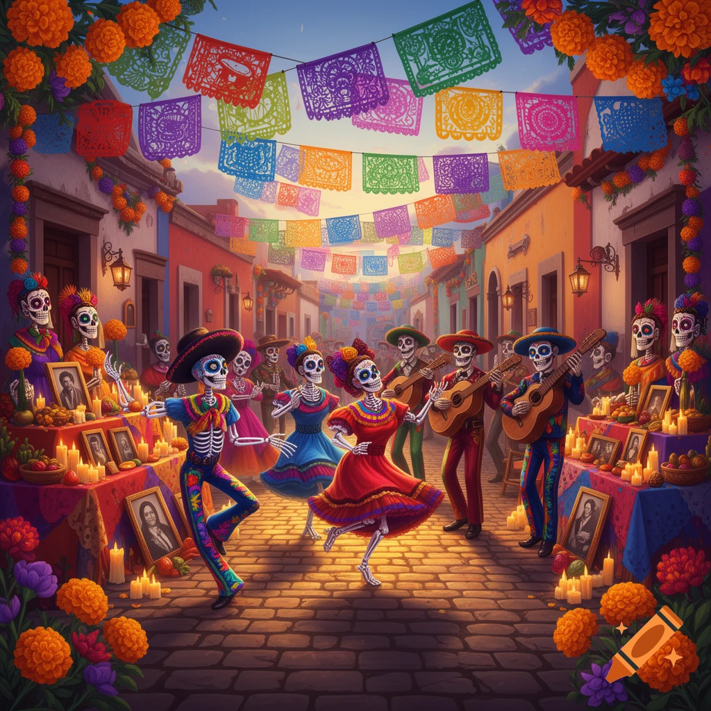 Vibrant illustration of dancing and guitar-playing calavera skeletons celebrating Dia de los Muertos in a colorful street decorated with papel picado and marigolds.
