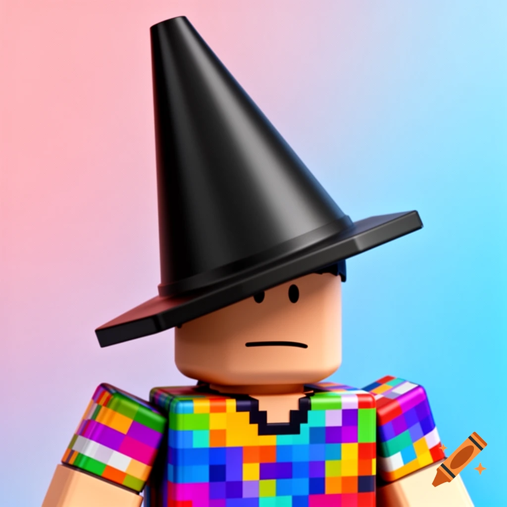 A Roblox character wearing a black traffic cone over its eyes and a colorful, pixelated shirt, against a gradient background.