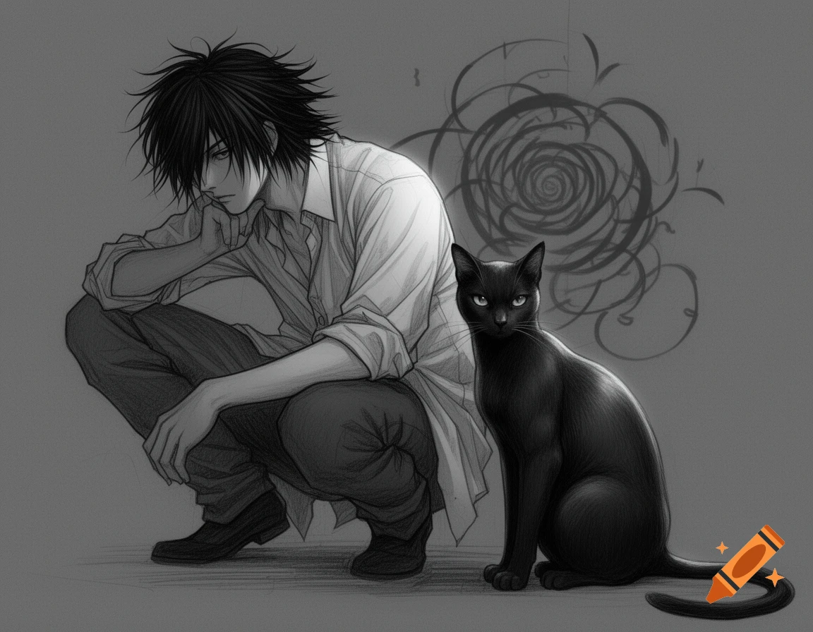 A black and white sketch of L Lawliet from Death Note squatting thoughtfully next to a sitting black cat.