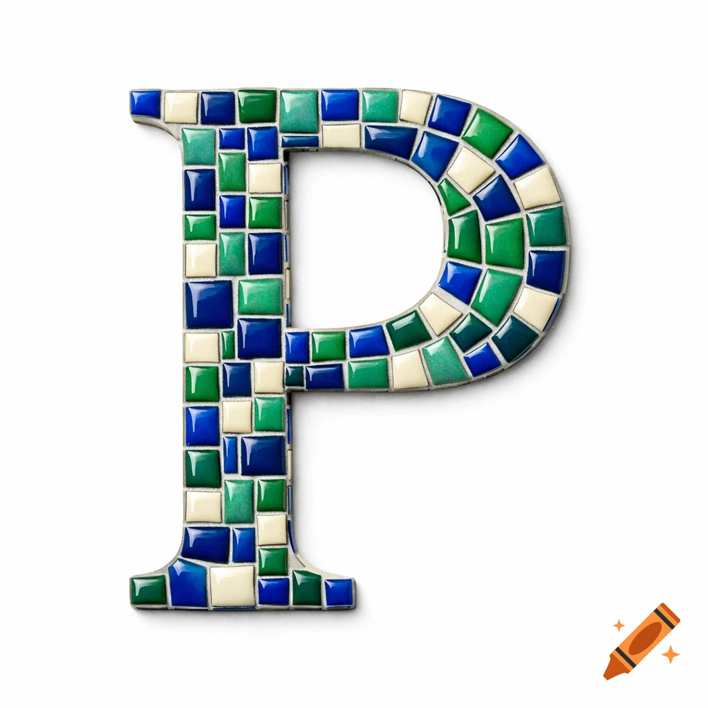 A close-up shot of the capital letter P, meticulously crafted from small, glossy mosaic tiles in shades of blue, green, and cream.