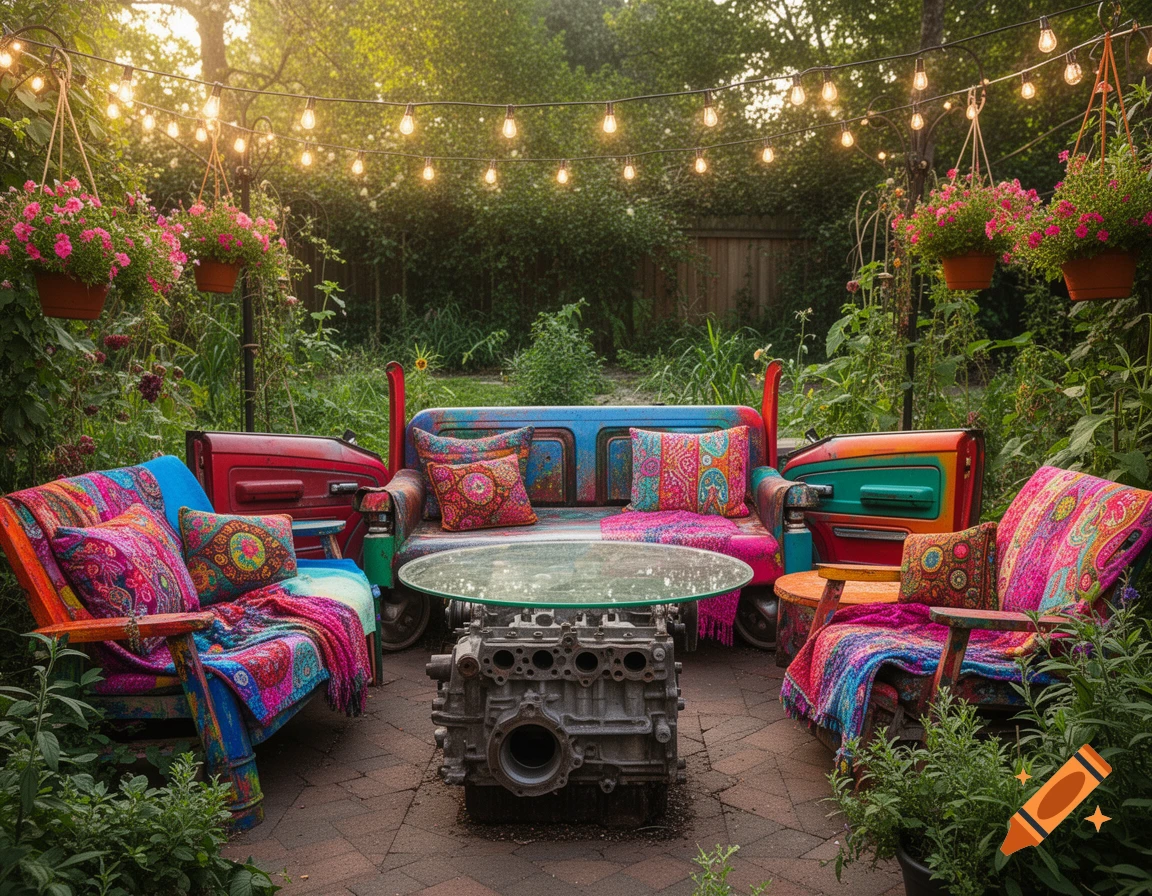 A bohemian patio with colorful furniture made from repurposed car parts, bright cushions, string lights, and hanging flowers in a lush garden.