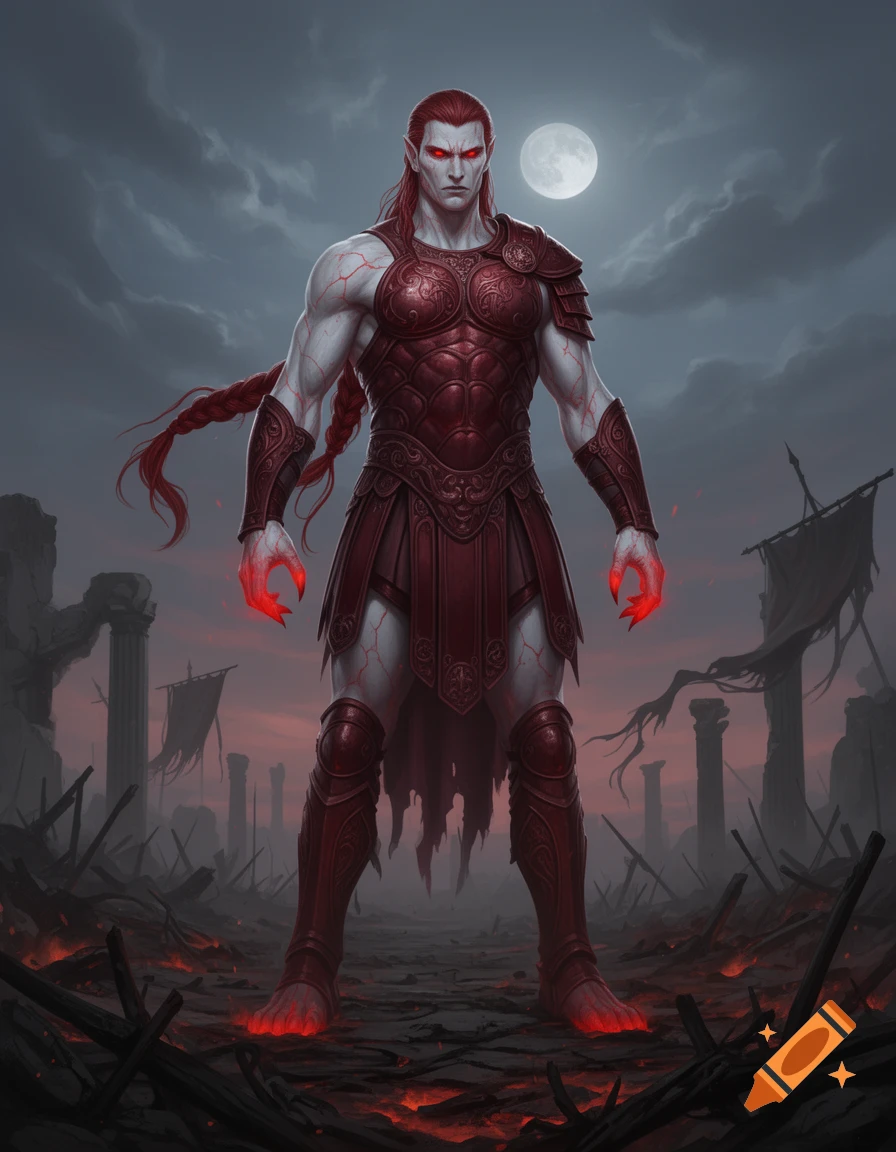 A muscular vampire with red eyes, white skin, and glowing red veins stands in crimson armor on a ruined battlefield under a full moon.