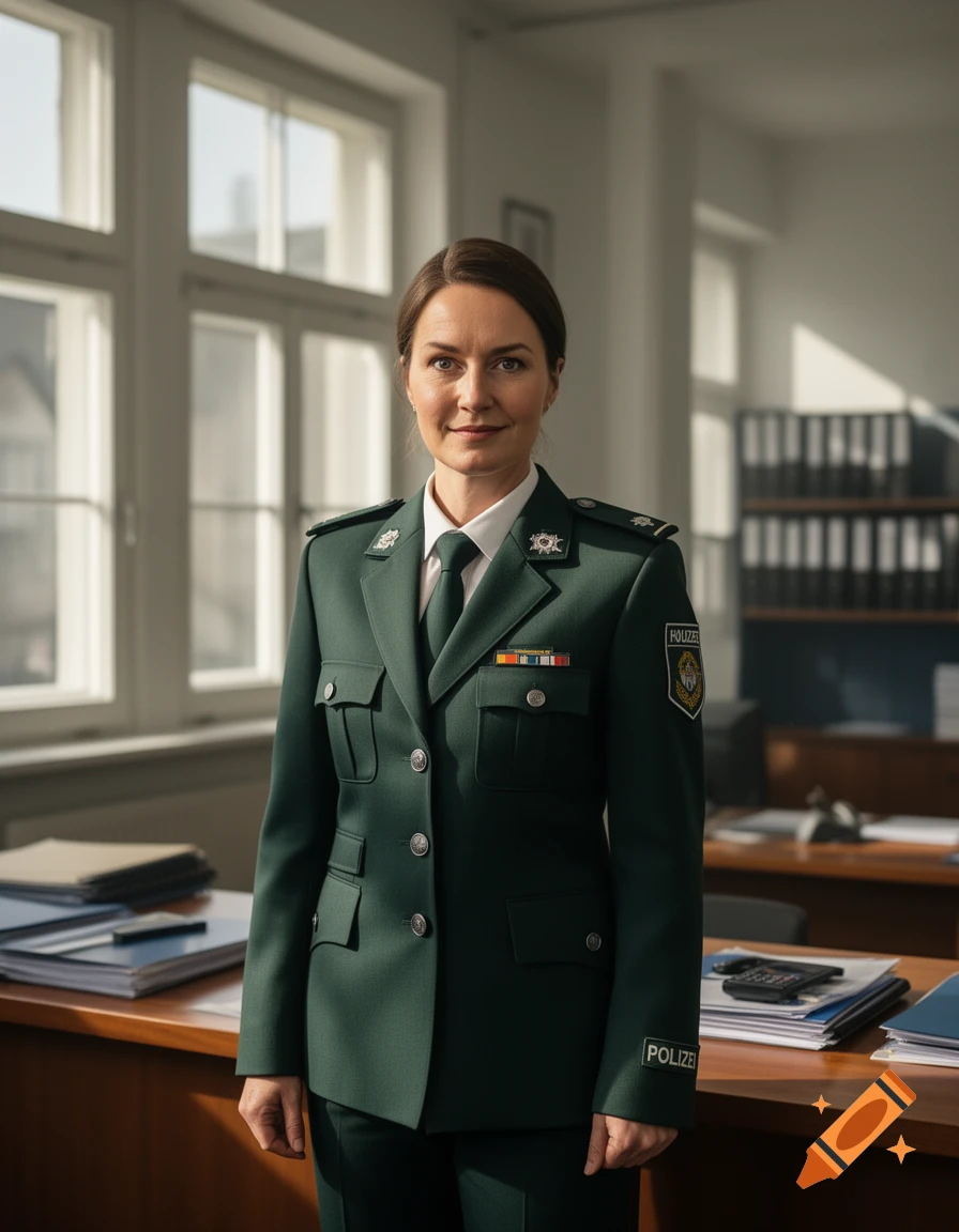 A photorealistic image of a woman in a dark green police uniform standing in an office, looking at the camera.