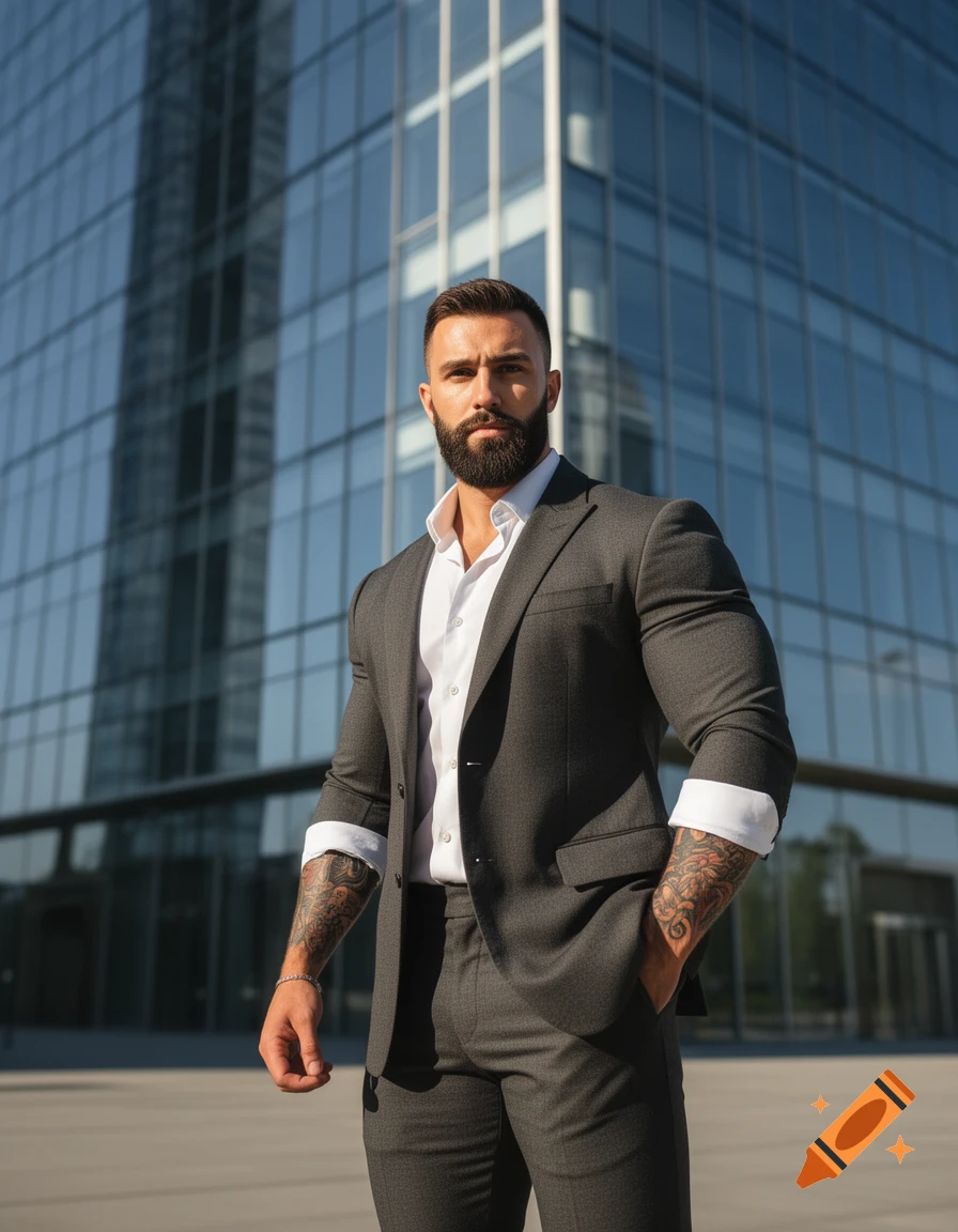 A muscular man with a beard and tattooed arms in a charcoal suit and white shirt stands confidently in front of a modern glass skyscraper.