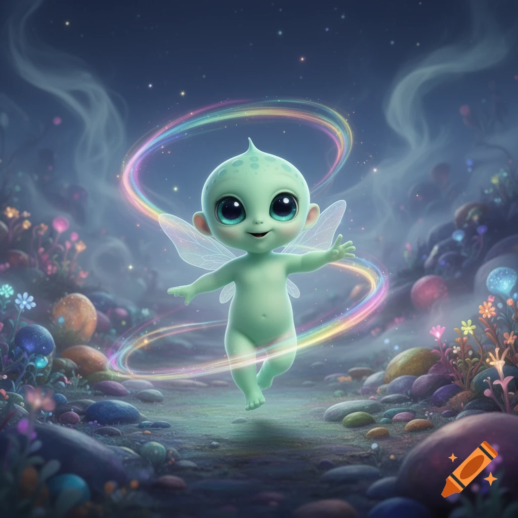 A cute, green, big-eyed baby alien with wings dances amidst glowing plants and rainbow rings in a magical setting.