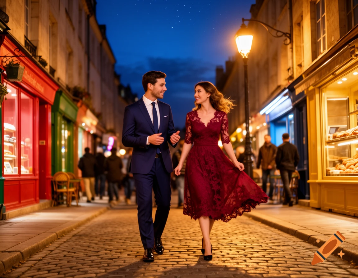 A stylish couple walks hand-in-hand down a charming cobblestone street at night, lit by warm streetlights and shop windows.
