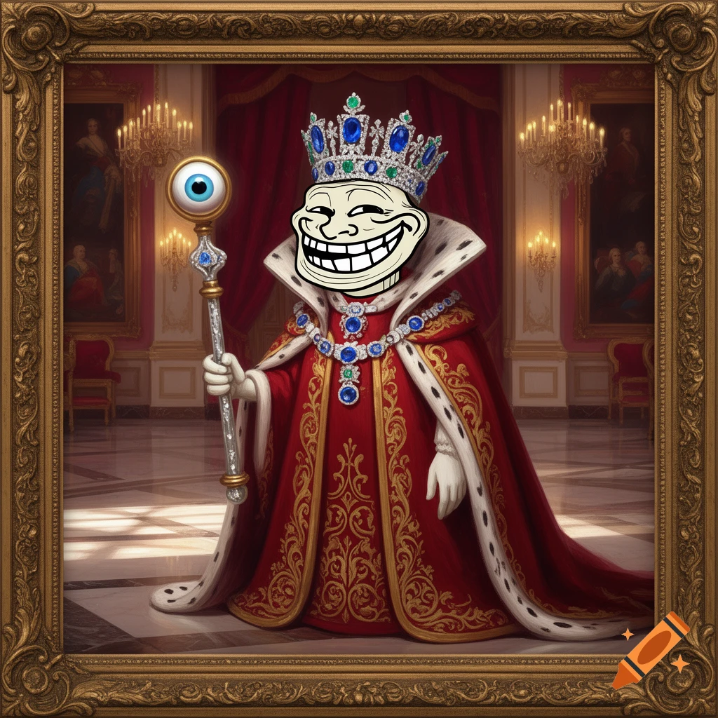 A Trollface meme wearing a royal crown and red robe, holding an eyeball scepter in a lavish palace, within a golden frame.