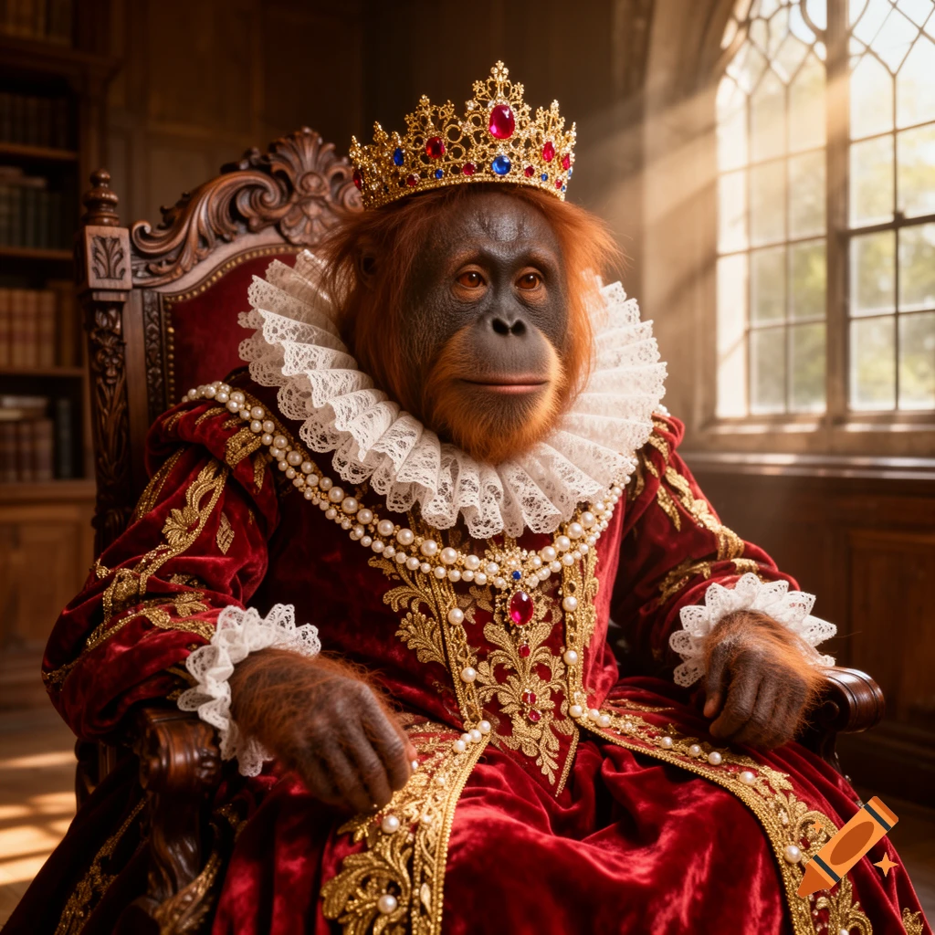 A regal orangutan queen in a red velvet gown with gold embroidery, pearls, and a jeweled crown, seated in a grand room.