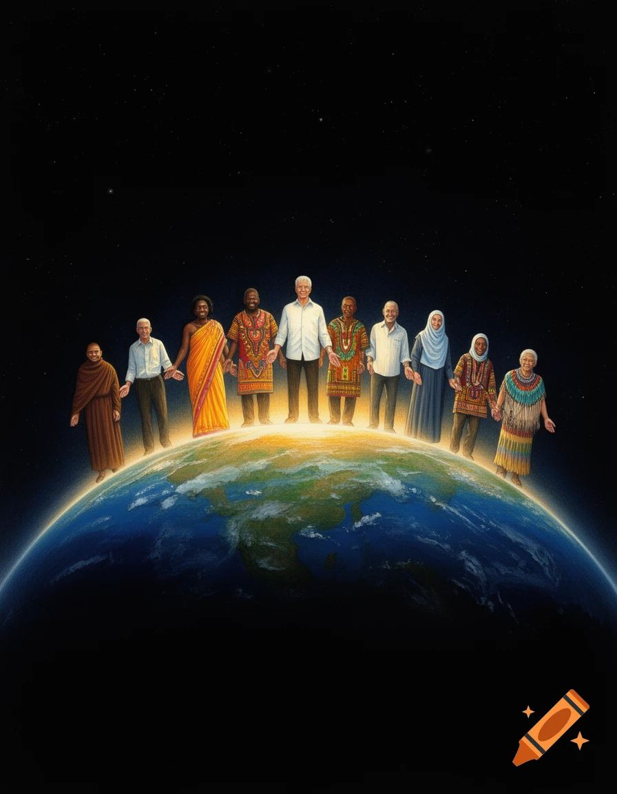 Painterly illustration of diverse people standing on the curved Earth, hands open, against a starry space background.