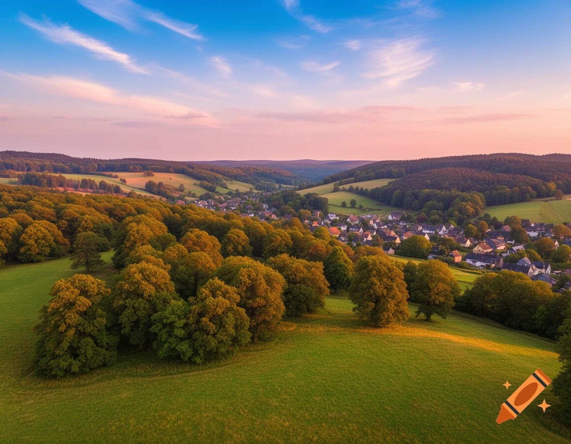 Aerial view of a picturesque village nestled in a lush green valley, surrounded by forests and hills under a pink and blue sky at sunset.