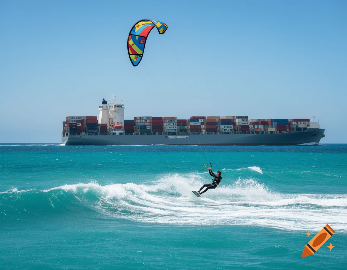 Kitesurfer rides a wave in turquoise water with a large cargo ship in the background.