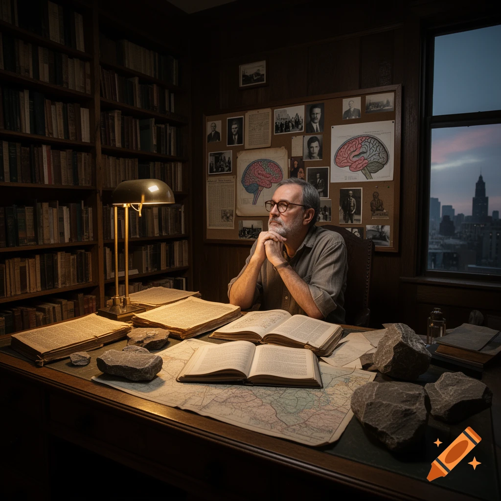 A thoughtful man with a beard and glasses sits at a dark wooden desk in a study, surrounded by open books, maps, and rocks. A desk lamp illuminates the scene, and a city skyline is visible through a window.