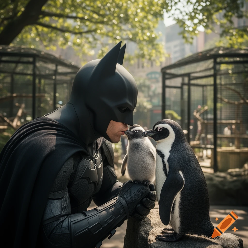 Batman, in his dark suit and cowl, gently kisses a small penguin held in his hand, with another penguin standing nearby in a sunlit zoo.