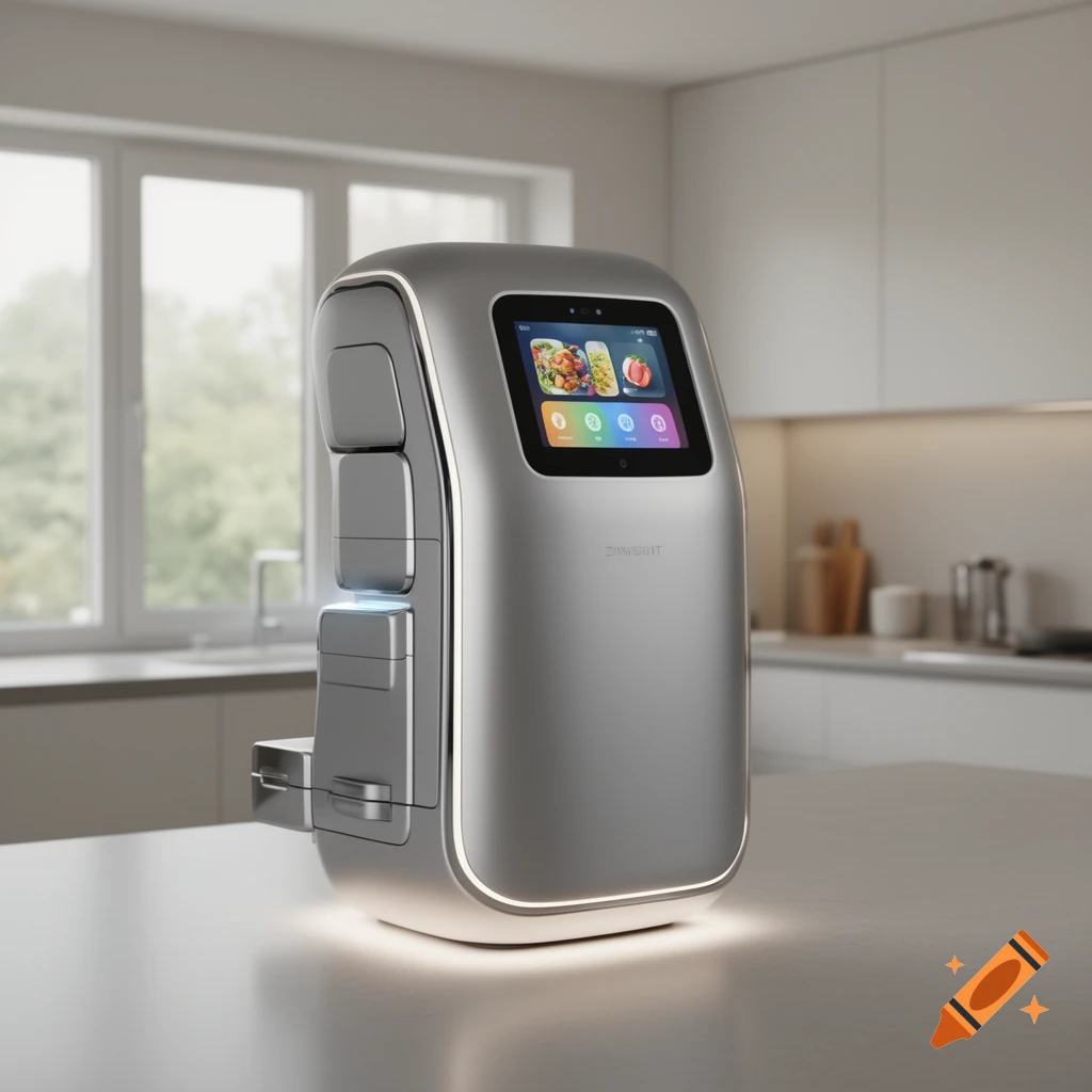 A sleek, silver, futuristic kitchen appliance with a digital touch screen displaying food options, sitting on a modern kitchen counter.