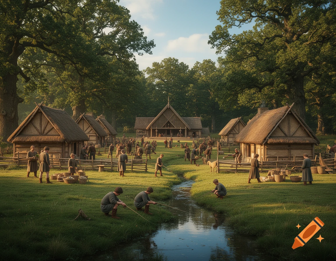 A photorealistic depiction of an Anglo-Saxon village with thatched-roof huts, a central longhouse, and people by a stream.