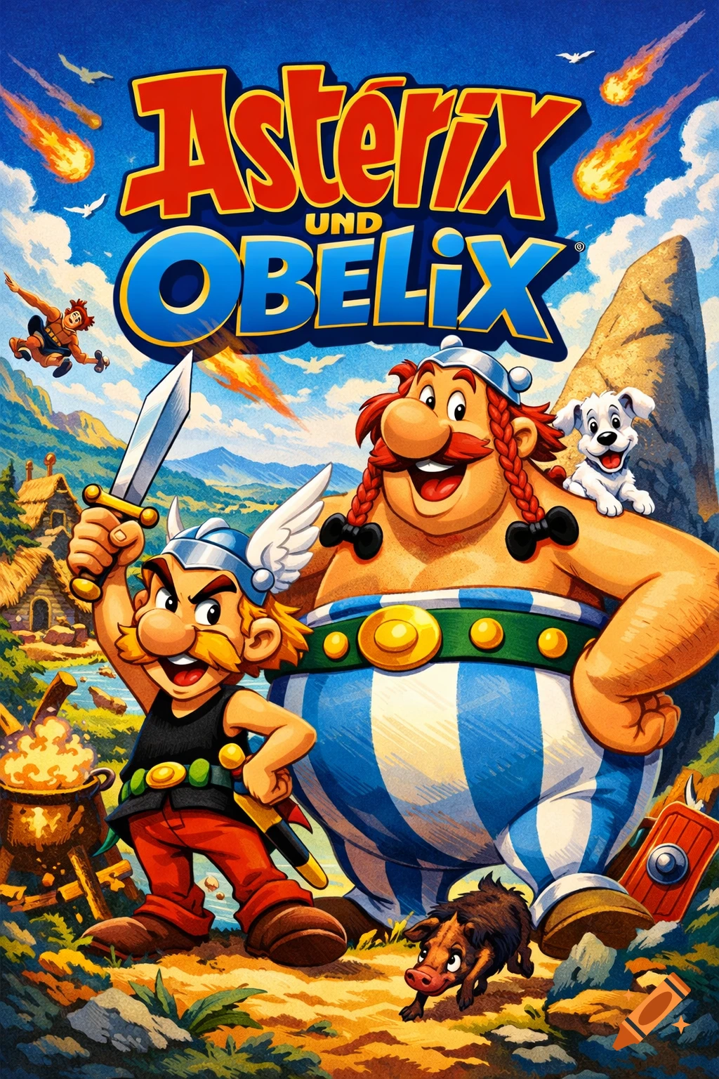 Cartoon movie poster of Asterix and Obelix, with Asterix holding a ...