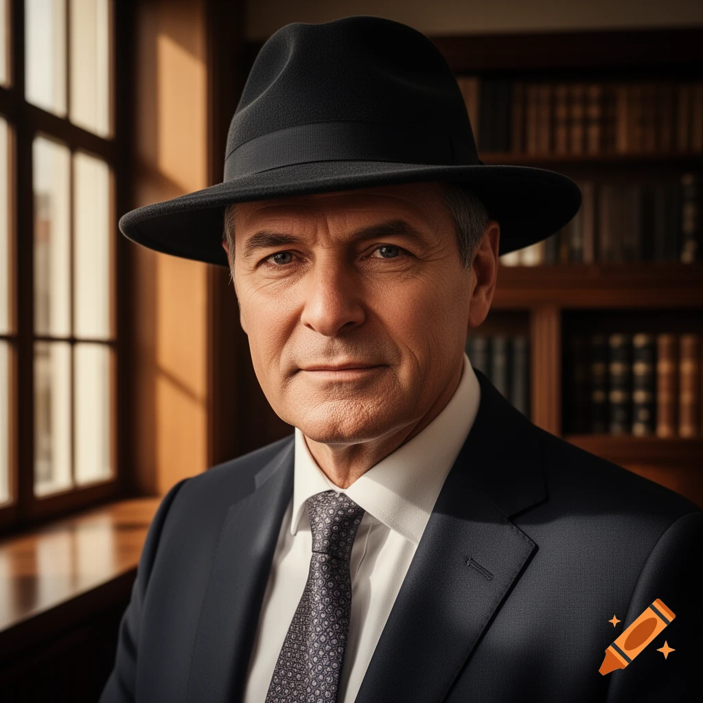 Photorealistic portrait of a man in a black fedora, dark suit, and patterned tie, with a window and bookshelves in the background.