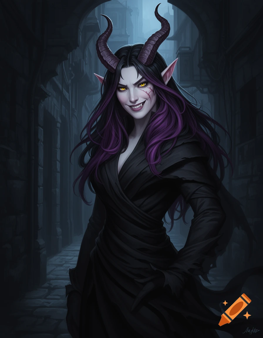 A tiefling woman with purple-streaked black hair, yellow eyes, horns, fangs, and a facial scar, wearing a dark cloak, smiles cunningly in a dim alley.