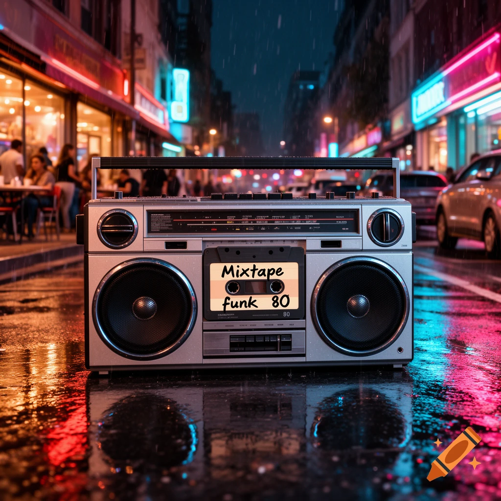 A vintage boombox with a cassette labeled "Mixtape funk 80" sits on a wet city street at night, illuminated by colorful neon lights.