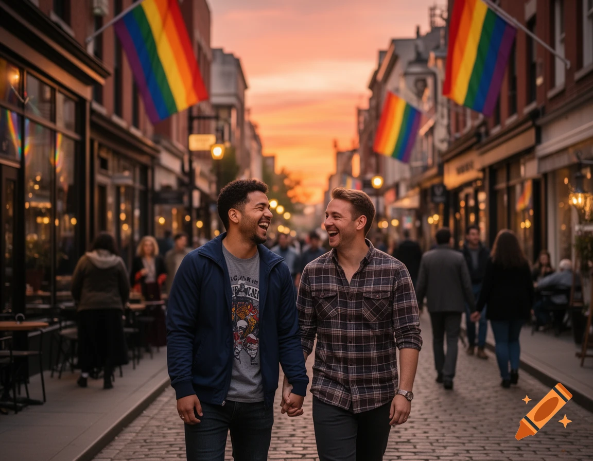 Two smiling men holding hands walk down a cobblestone street lined with shops and rainbow flags at sunset.