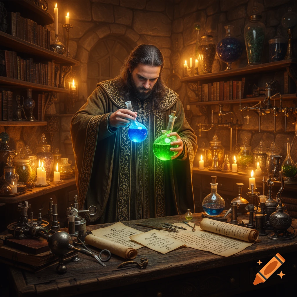 A bearded alchemist in a medieval lab holds glowing blue and green potions, surrounded by scrolls and equipment.