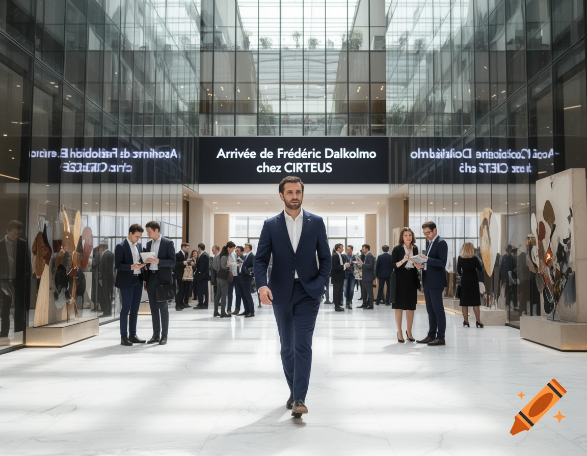 A man in a navy suit walks through a bright, modern corporate lobby with a large digital sign displaying a welcome message.