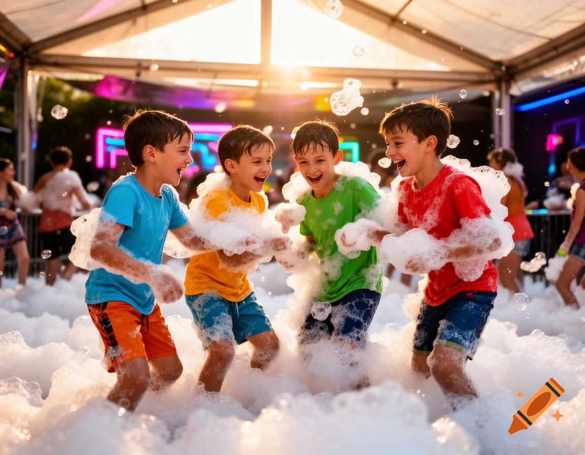Four laughing boys playing happily in a sea of foam at a sunny outdoor party.