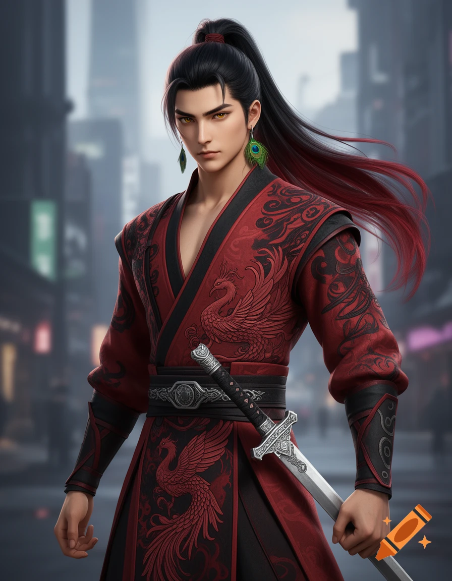 Handsome young man with black and red hair, yellow eyes, wearing a red and black Wuxia outfit with phoenix designs, holding a sword in a city.