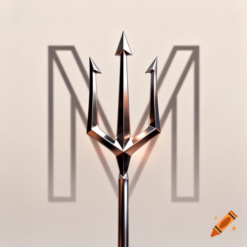 A gleaming metallic trident with three sharp prongs, casting a shadow of the letter 'M' on a light background. Minimalistic style.