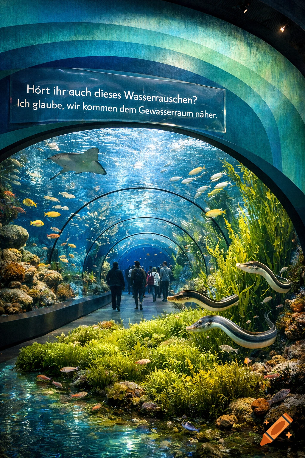 People walk through a luminous underwater aquarium tunnel with a stingray, fish, and eels swimming around them in vibrant blue and green waters. Text on a sign is visible.