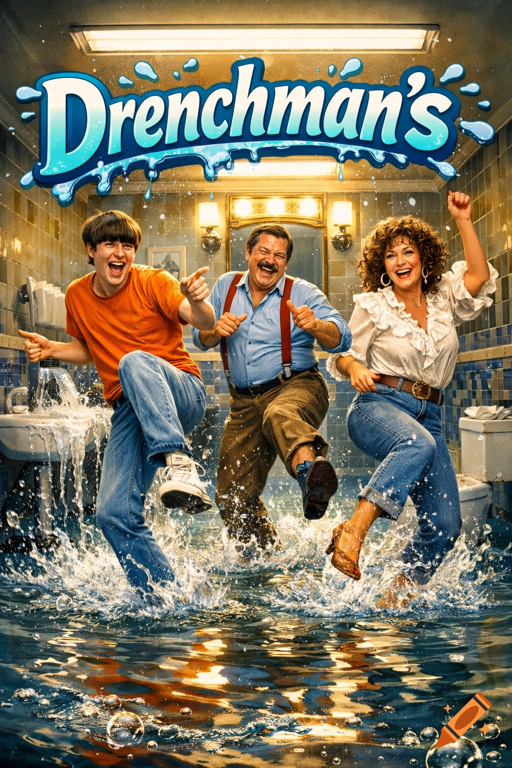 Movie poster for 'Drenchman's' showing a young man, older man, and woman line dancing and splashing in a flooded bathroom.