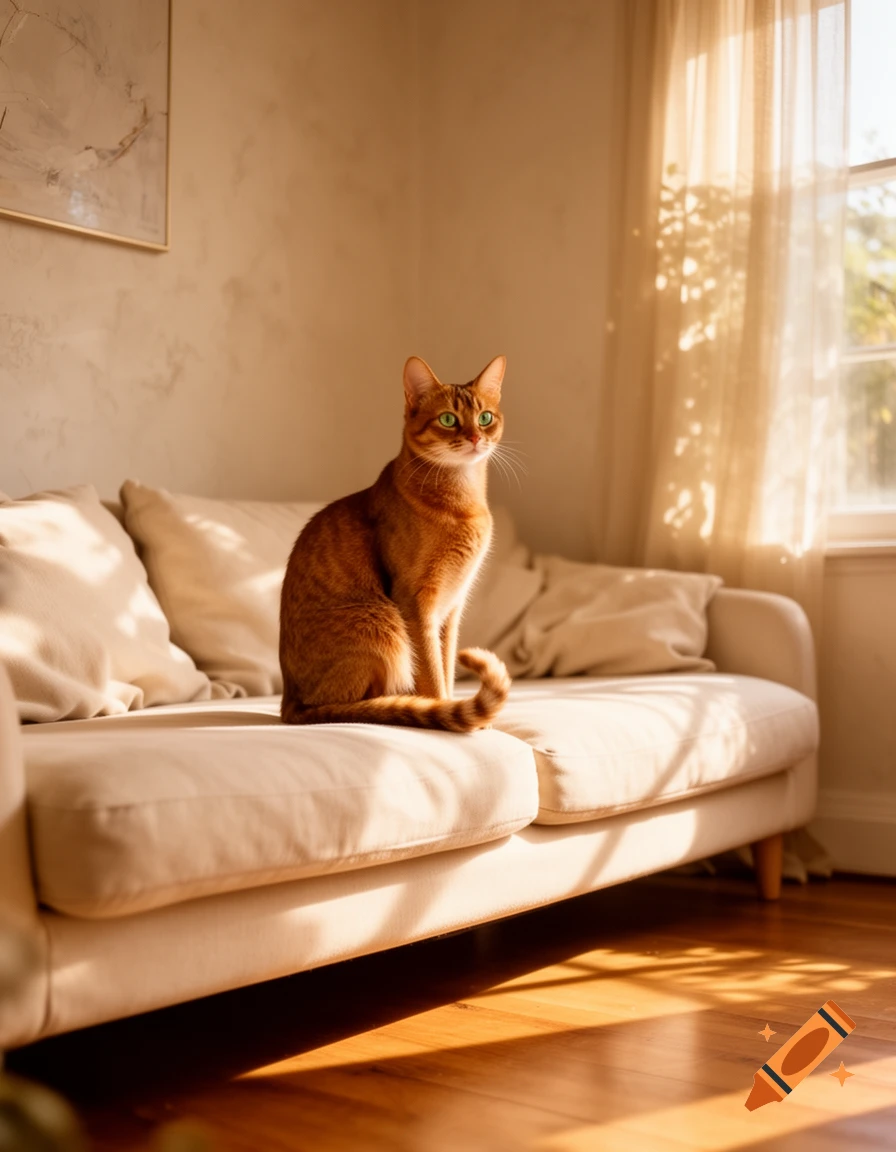 An orange tabby cat with bright green eyes sits on a beige couch, bathed in warm sunlight from a nearby window.