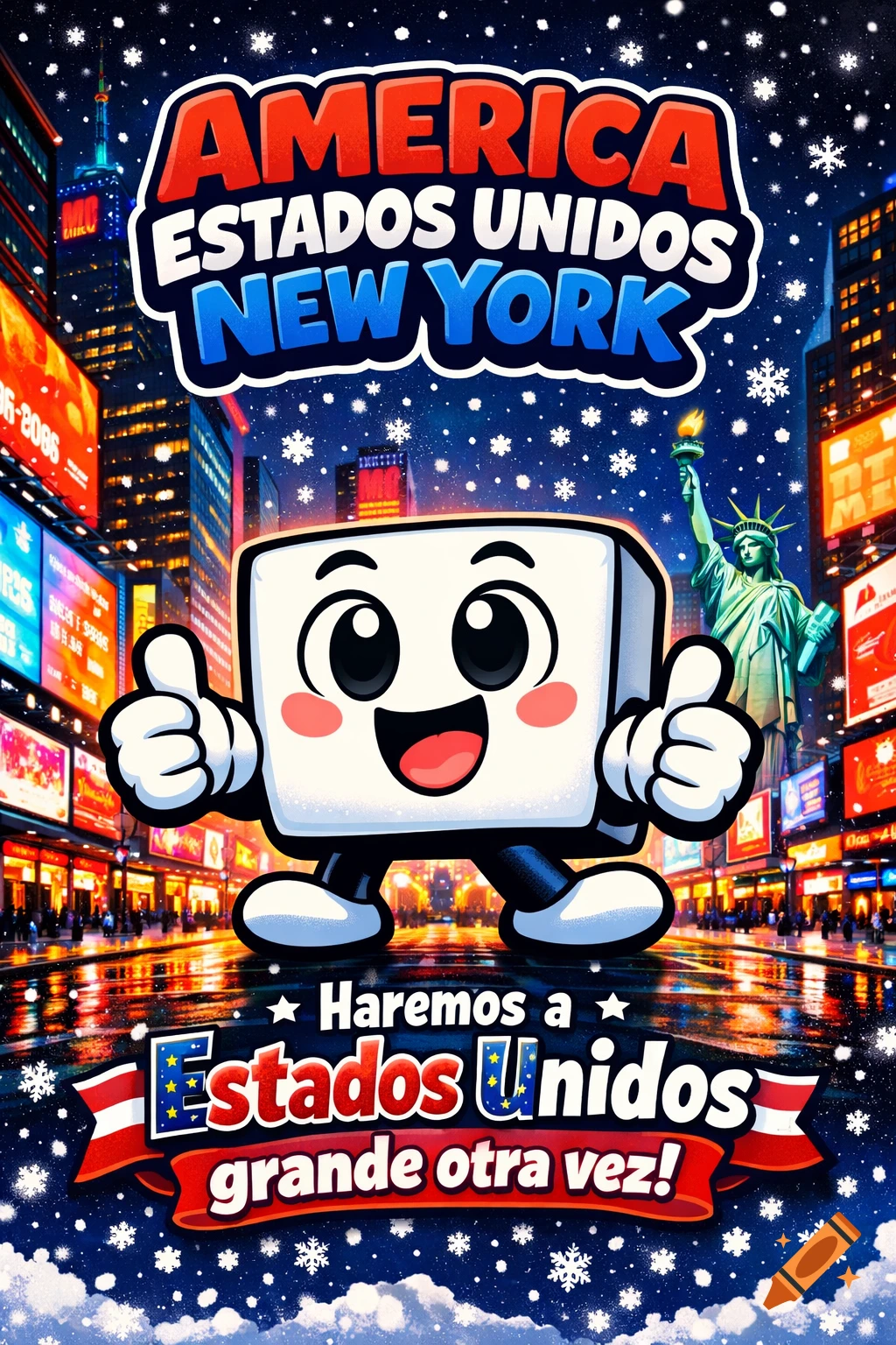 A cartoon marshmallow-like mascot giving thumbs up in Times Square at night, with falling snow. Text reads "AMERICA ESTADOS UNIDOS NEW YORK" and "Haremos a Estados Unidos grande otra vez".