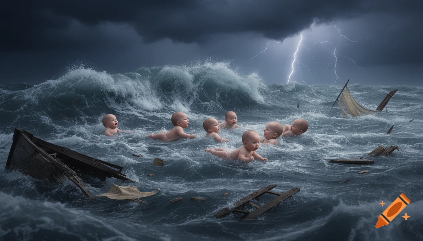 Photorealistic image of multiple babies being tossed in a stormy ocean with large waves, lightning, and shipwreck debris.