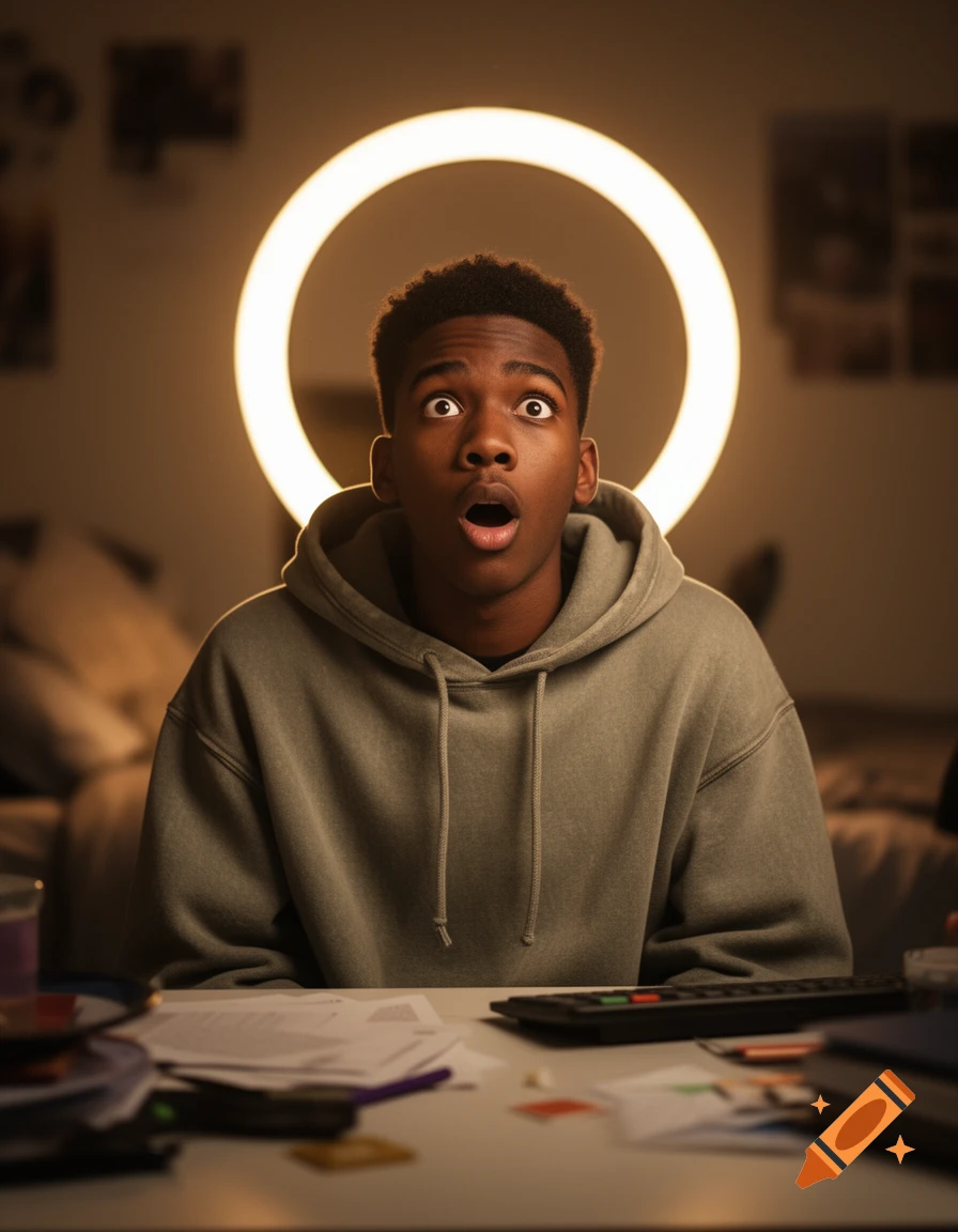 Photorealistic portrait of a surprised Black male teenager in a hoodie, sitting at a desk with a glowing ring light behind him.
