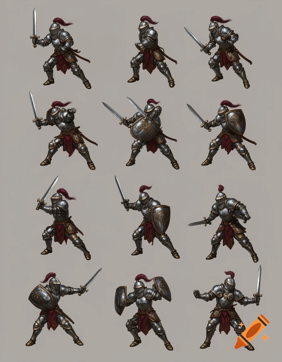 Multiple medieval knights in full armor with swords and shields, depicted in various action poses, on a plain background.