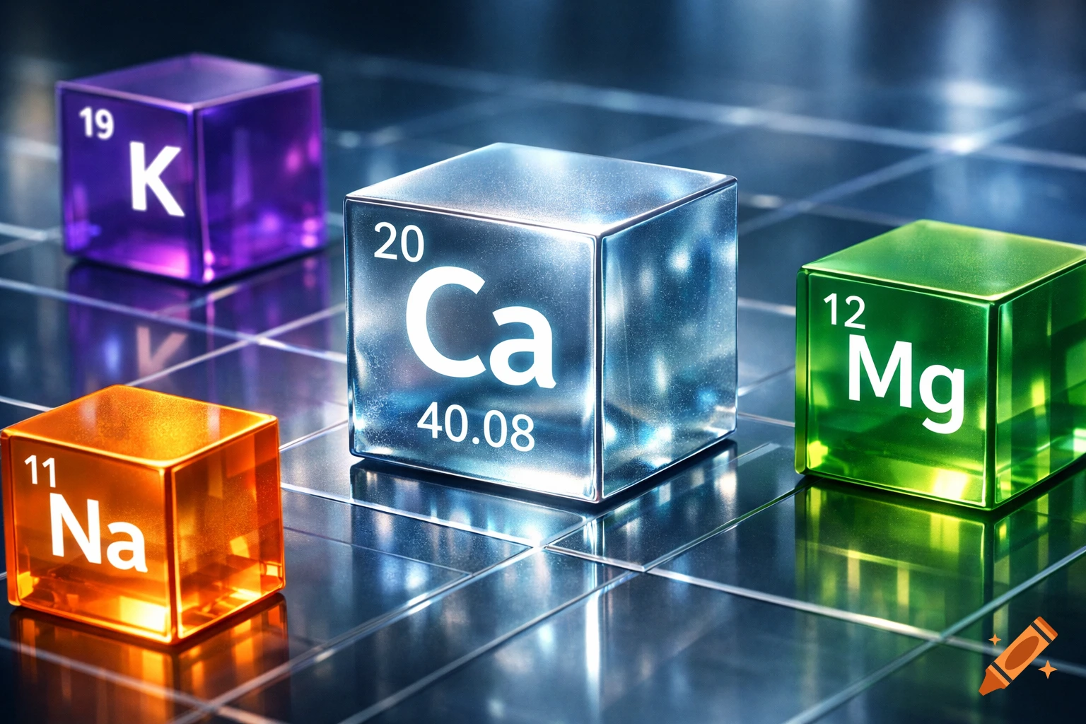 Stylized 3D rendering of periodic table elements K, Ca, Mg, Na as glowing colored cubes on a grid.