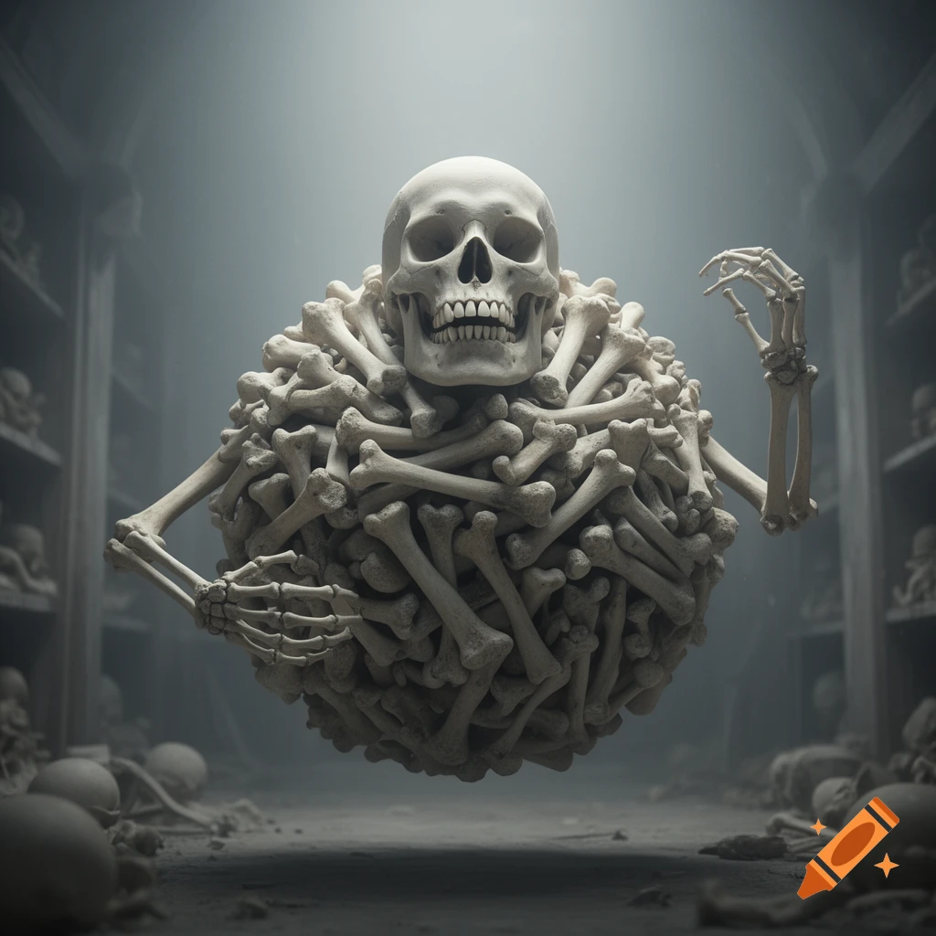 A giant sphere made of bones with a large skull at the top and skeletal arms extending, floating in a dark, misty room.