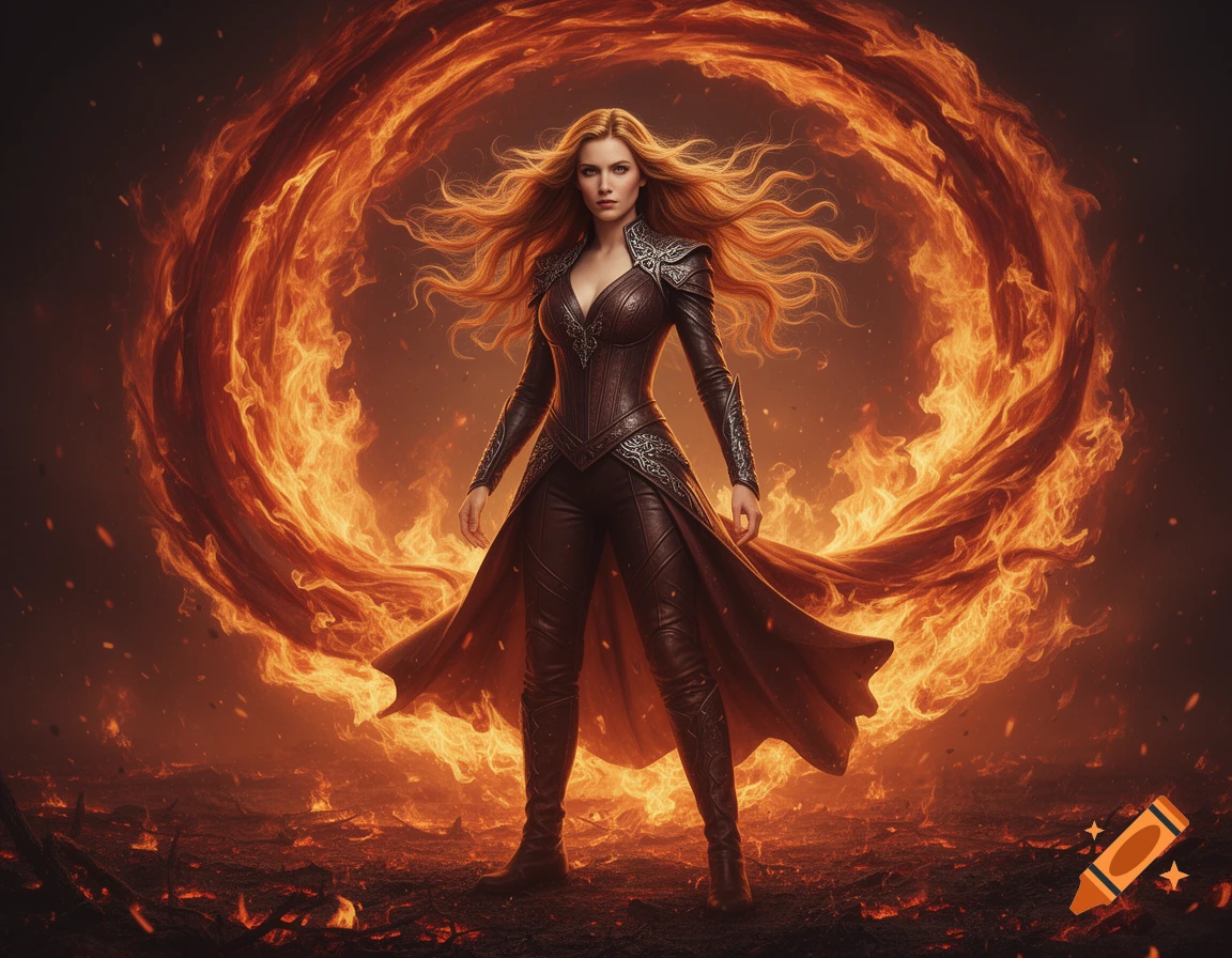 A powerful woman with long blonde hair in a dark, detailed leather-like outfit stands amidst a fiery landscape, a massive ring of fire behind her.
