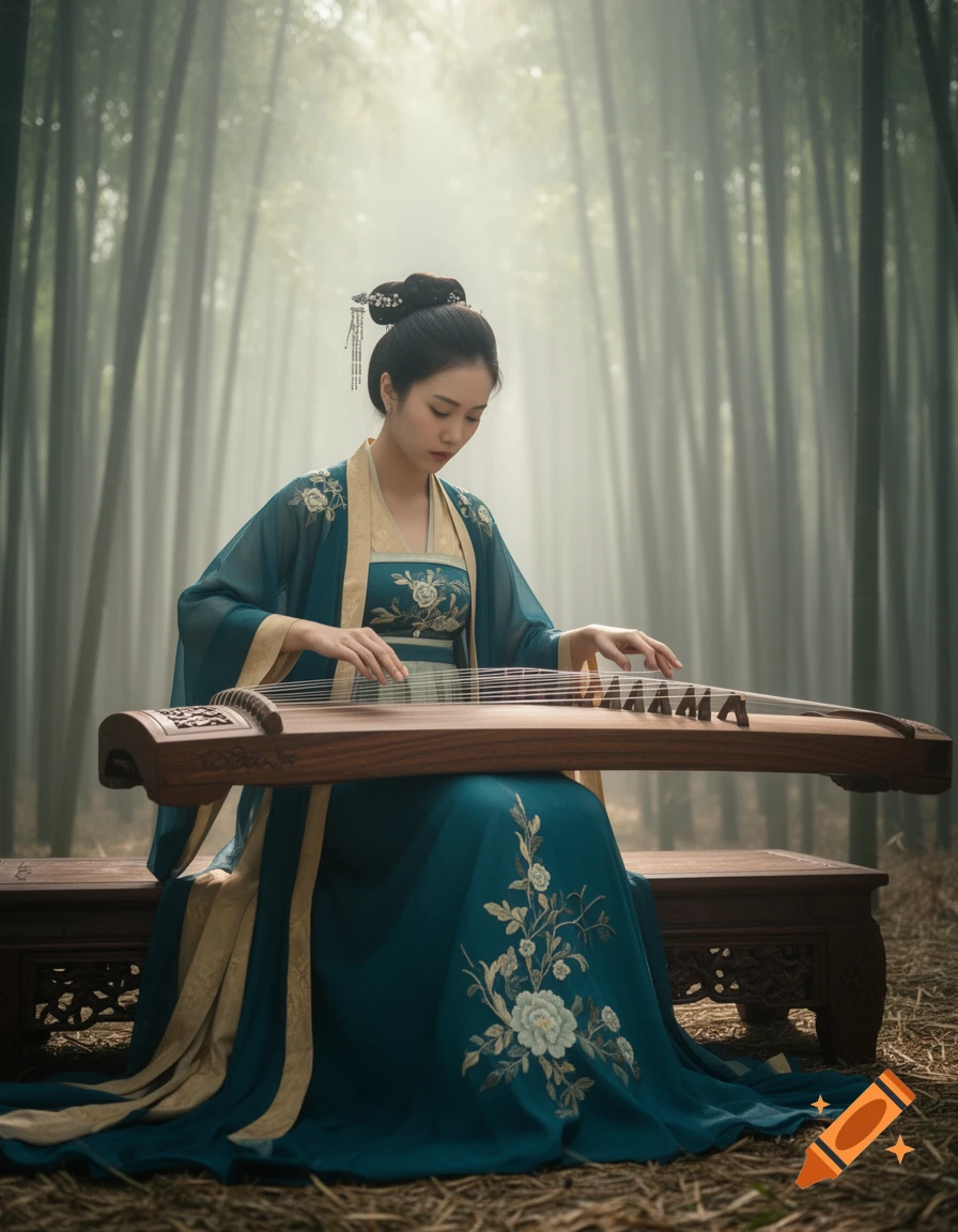 A woman in a blue traditional dress plays a guzheng in a misty bamboo forest, soft lighting.