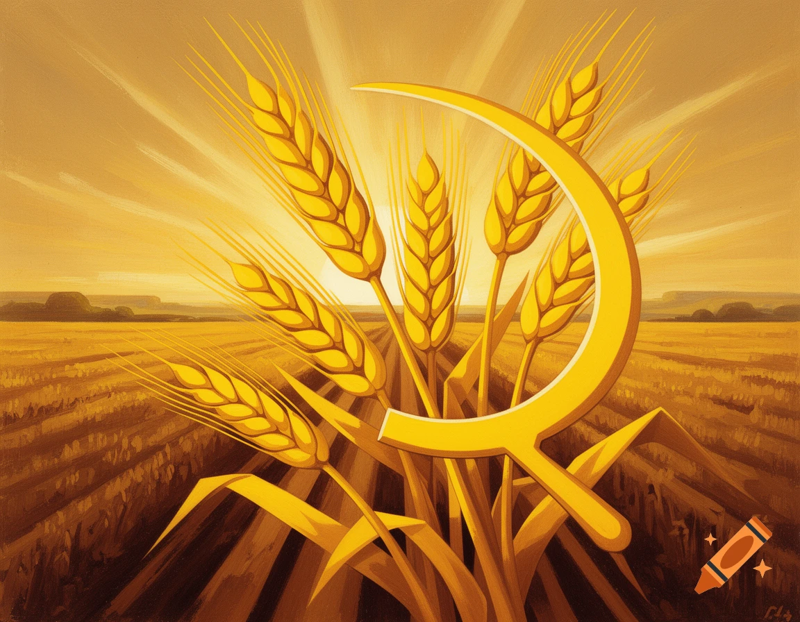 Stylized golden sickle and wheat stalks rising from a radiant golden field under a bright sky in Soviet art style.