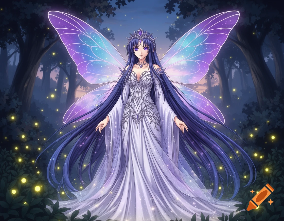 Anime fairy with long blue hair, ornate white dress, and large glowing purple and blue wings, in a dark forest with fireflies.