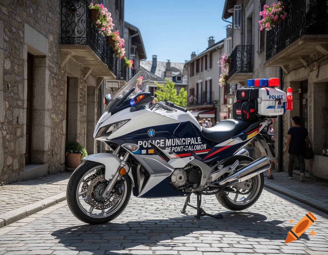 White and blue police motorcycle with 'Police Municipale' text, parked on a cobblestone street in a sunny European town.