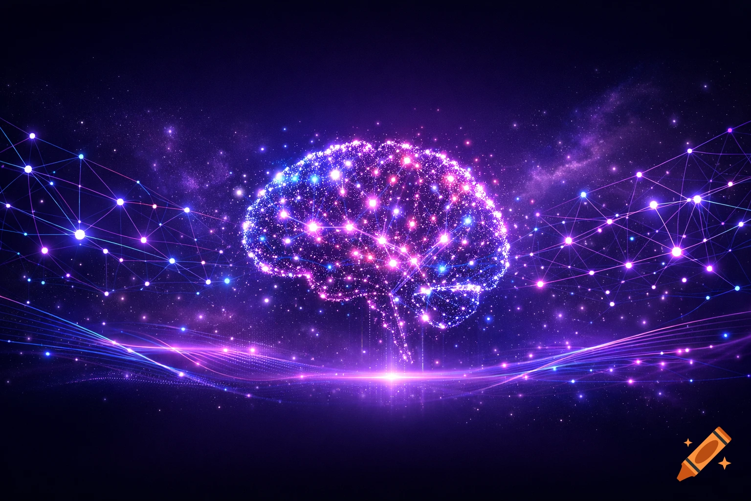 Abstract digital brain made of light particles with glowing neural network nodes and connections on a dark cosmic background.