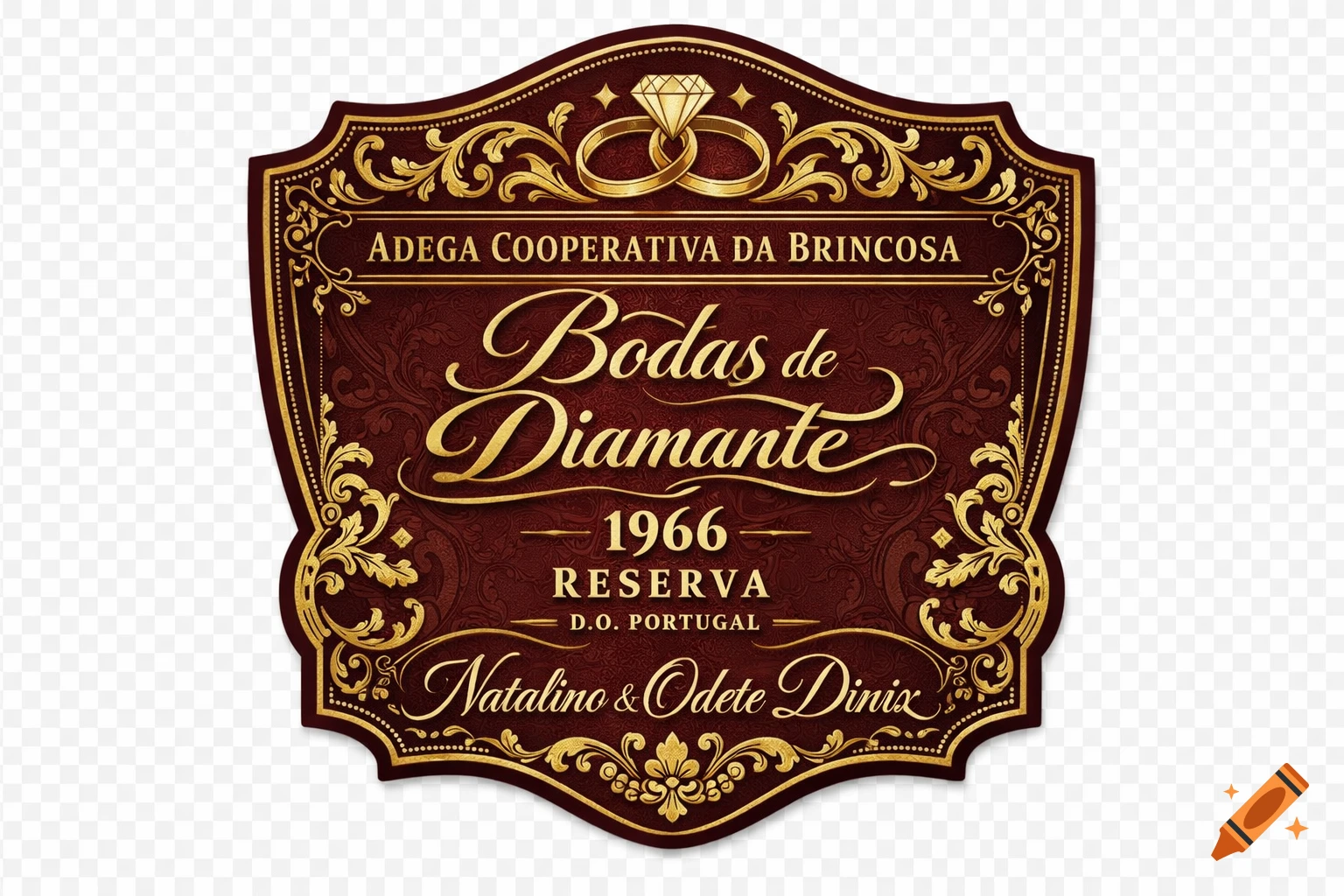 Elegant vintage wine label with gold ornate details on a red background, featuring text 'Bodas de Diamante' and 'Adega Cooperativa da Brincosa'.
